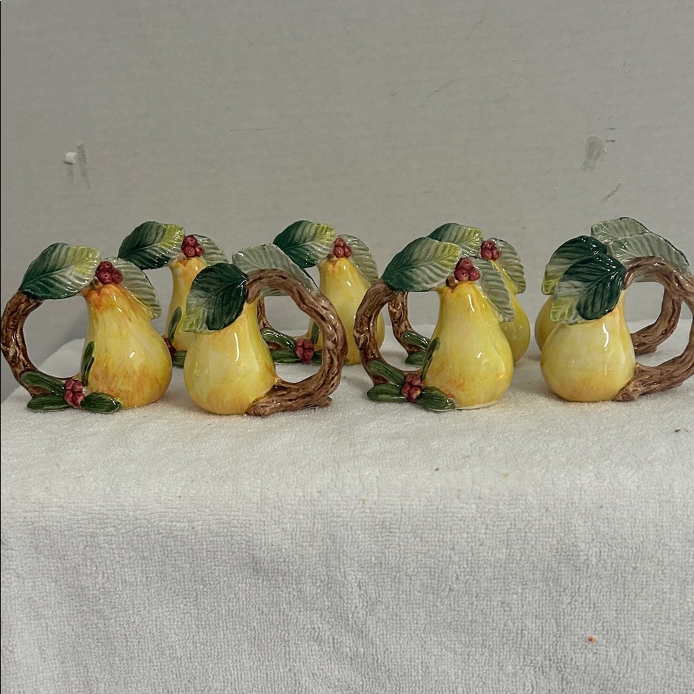 Fitz and Floyd Yellow Pear Ceramic Napkin Rings set of 8
